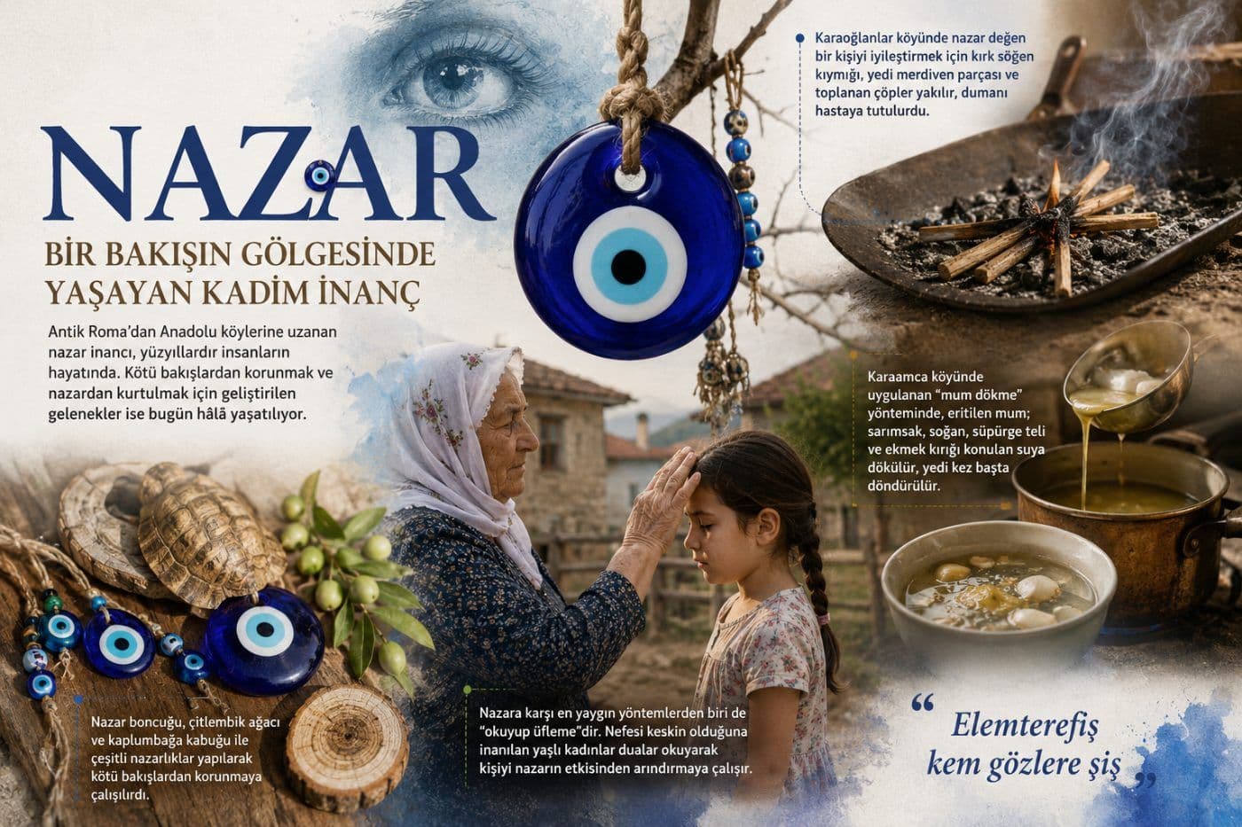 Bursa'da nazar inancını simgeleyen mavi gözlü nazar boncuğu, yaşlı bir kadın ve çocuğun geleneksel korunma ritüeli.