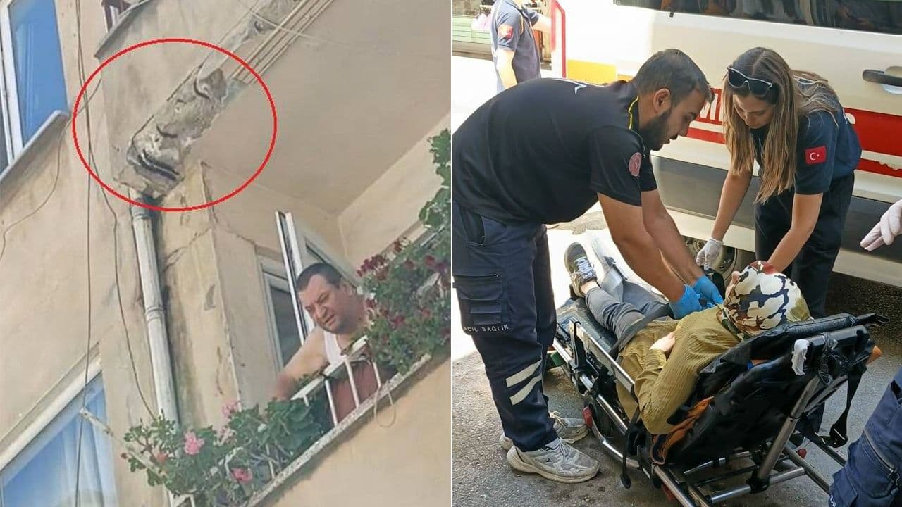 Bursa Gemlik'te balkondan düşen beton parçası nedeniyle yaralanan kadına müdahale eden sağlık ekipleri.