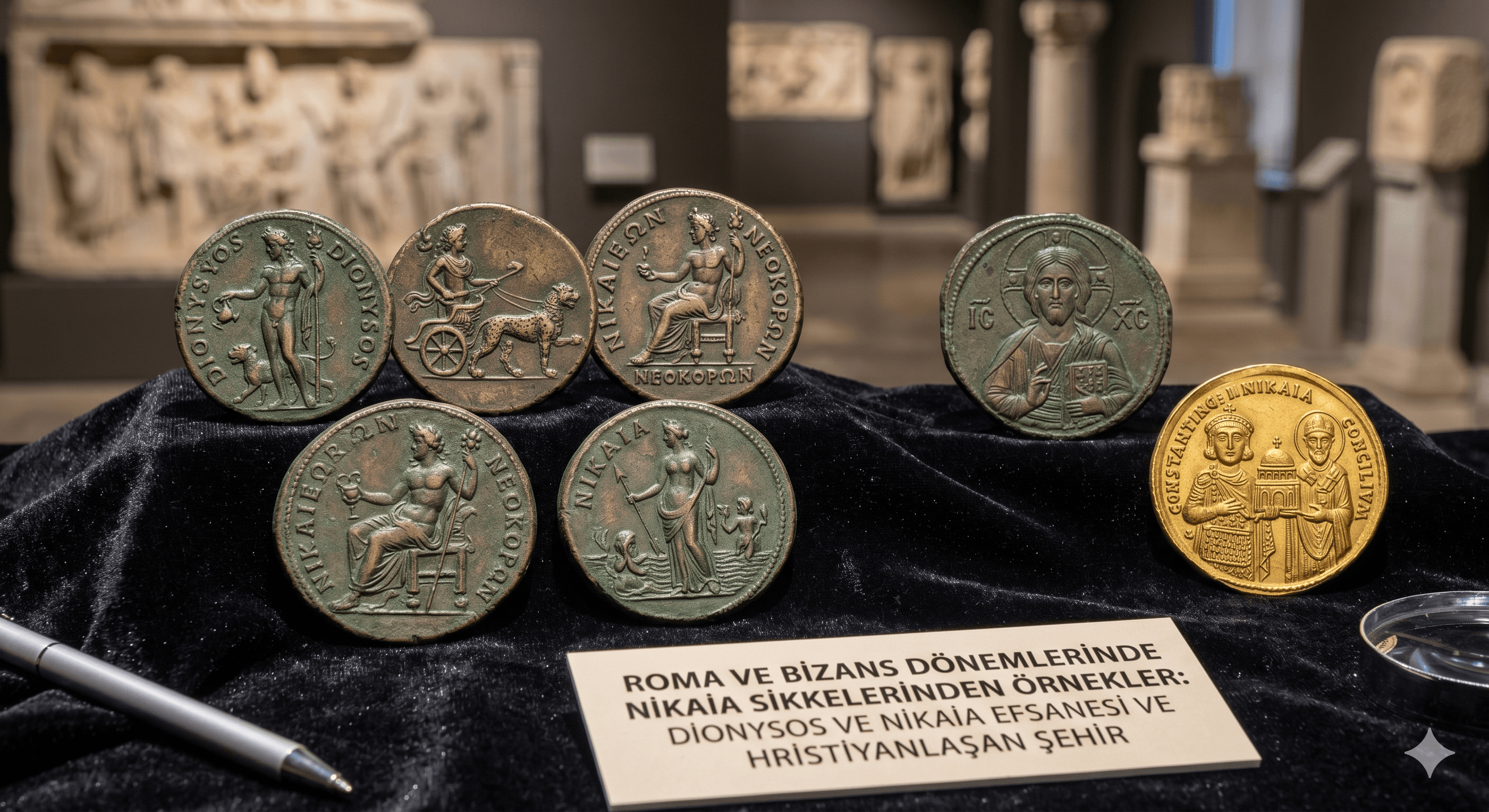 Bizans dönemine ait, bir yüzünde dini figür, diğer yüzünde Grekçe yazı bulunan antik İznik sikkesi veya mührü.