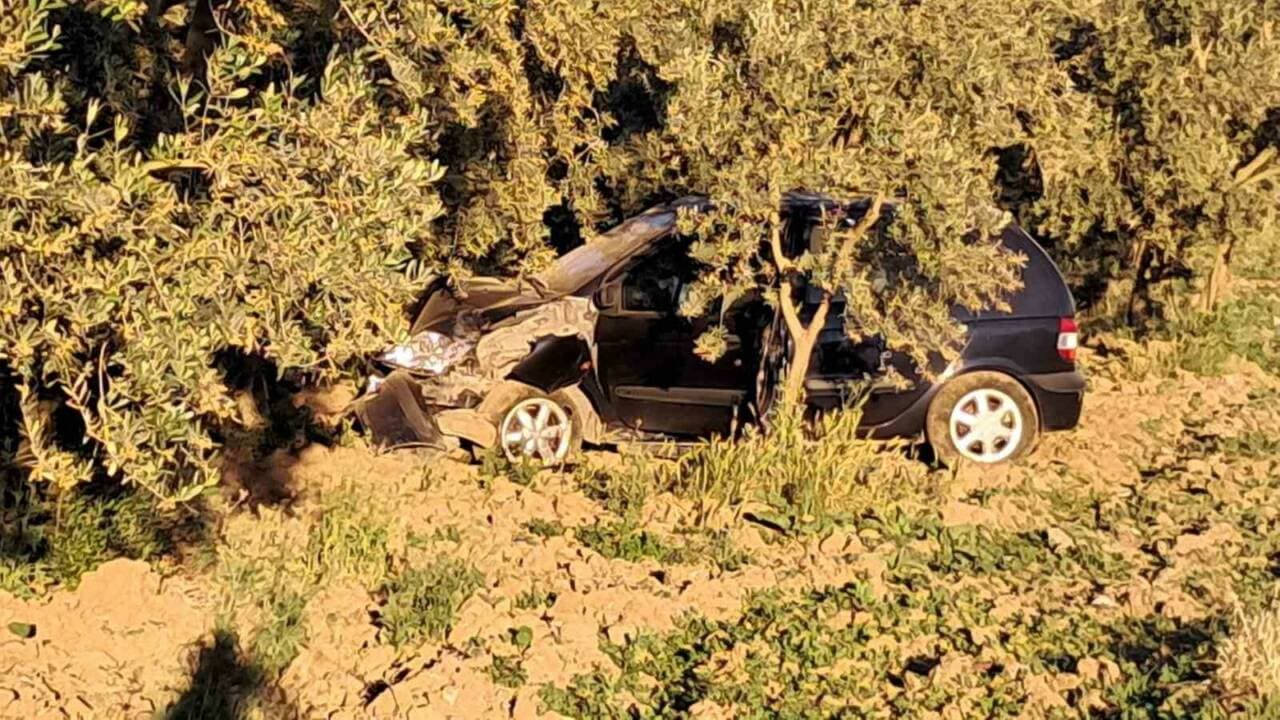Bursa İznik'te zeytin ağacına çarparak hurdaya dönen otomobilin kaza sonrası görüntüsü.