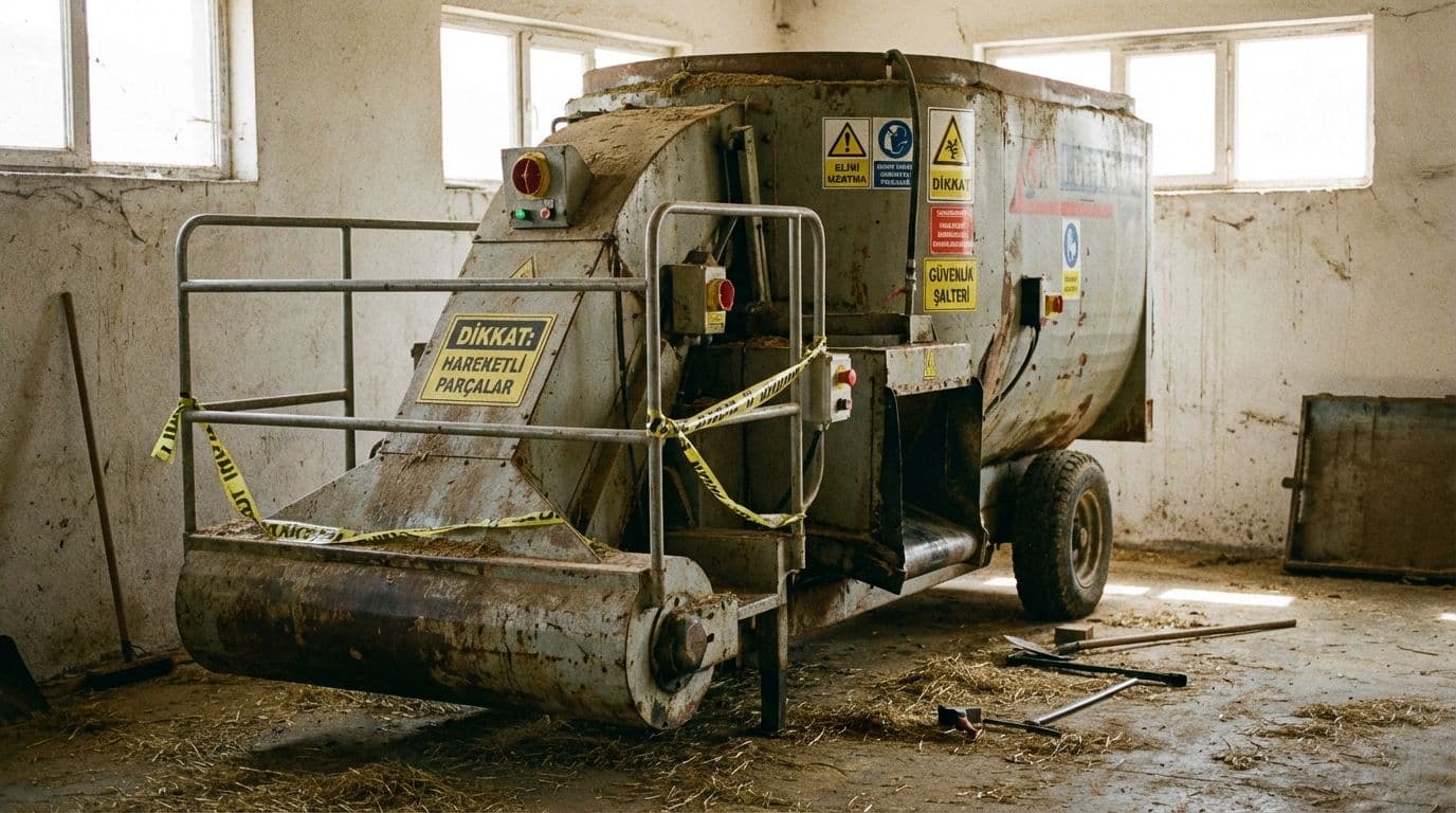 Bir çiftlikte bulunan ve iş kazasına neden olan yem karma makinesi.