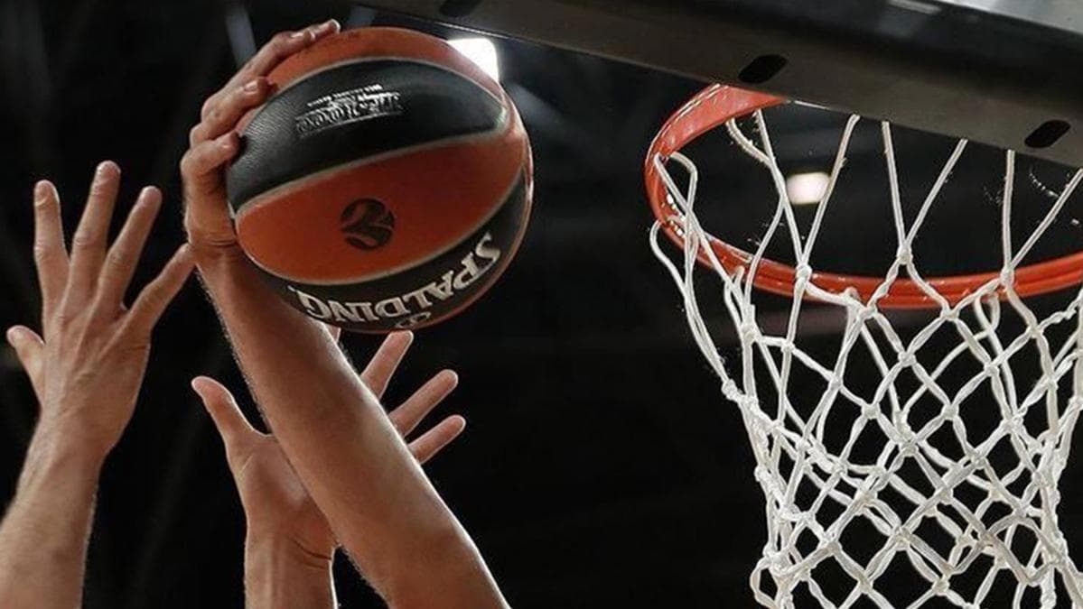 EuroLeague logosu taşıyan basketbol topu ve pota.