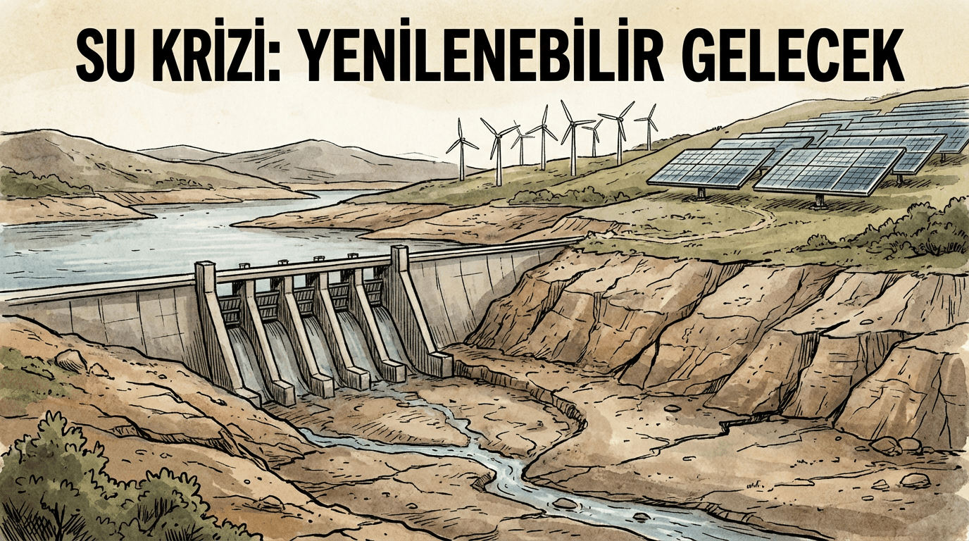 Kuraklık nedeniyle su seviyesi düşmüş bir baraj ve yenilenebilir enerji kaynakları olan rüzgar türbinleri.