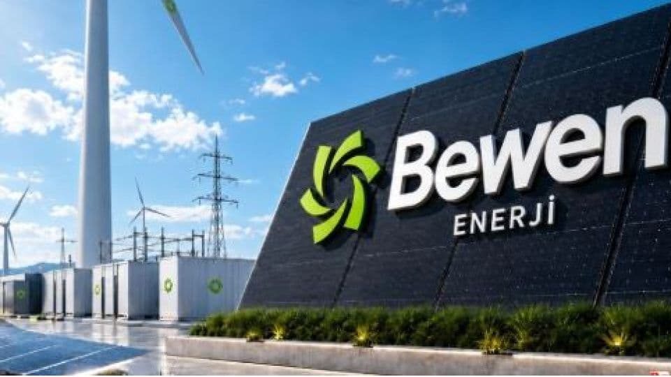 Bewen Enerji logosu, rüzgar türbinleri ve güneş panelleri