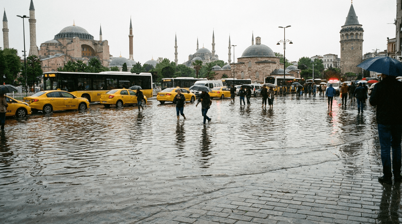 İstanbul'da sağanak yağış sonrası su basmış cadde ve sokaklar, yansımalar.
