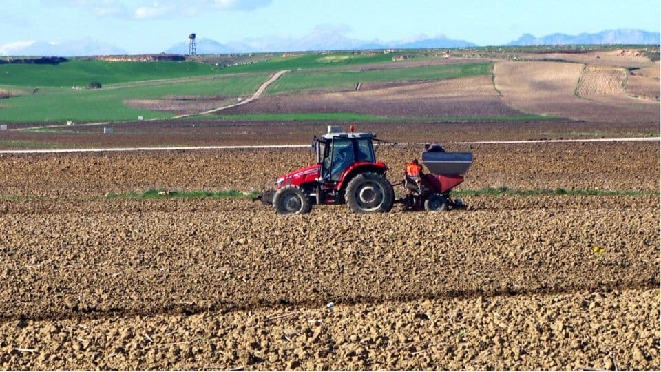 Tarlada çalışan traktör ve ekim makinesi