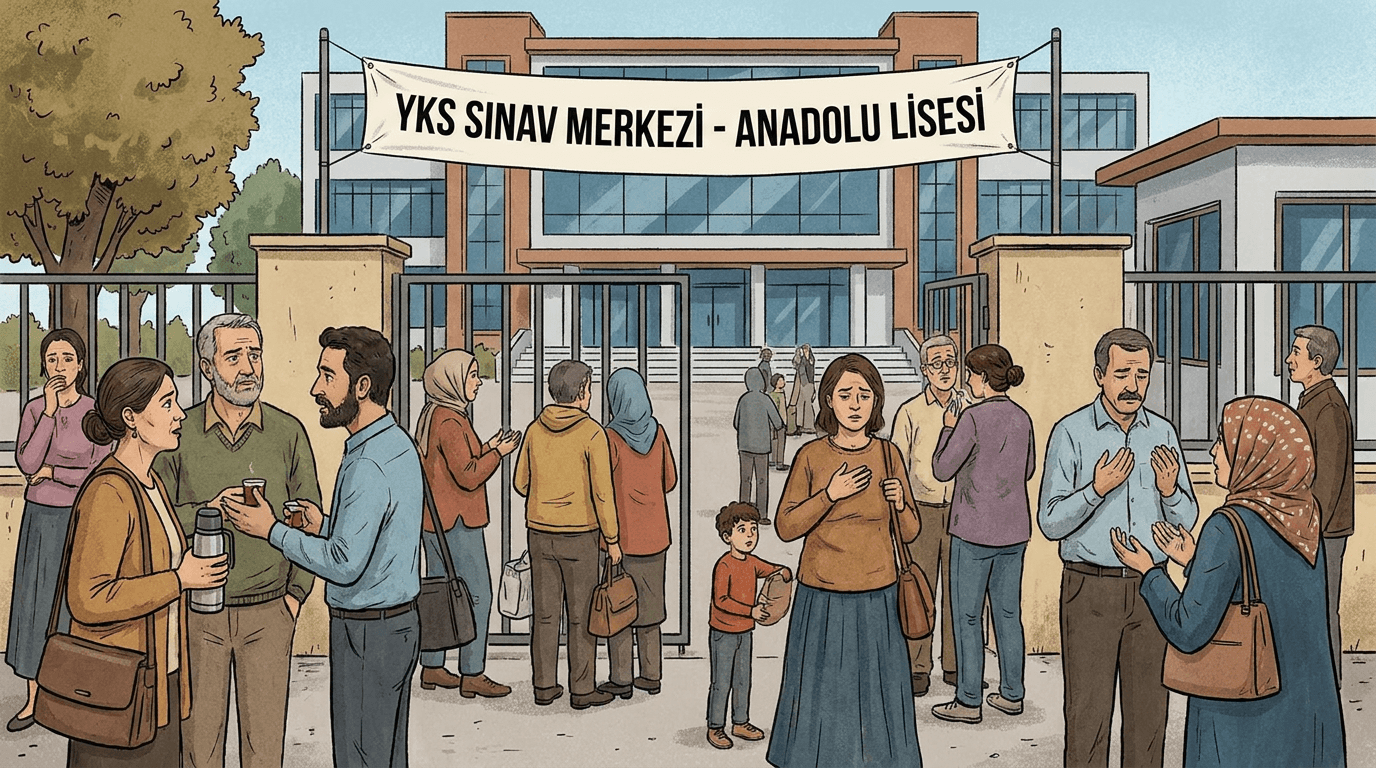 YKS sınavı için okul bahçesinde bekleyen veliler.