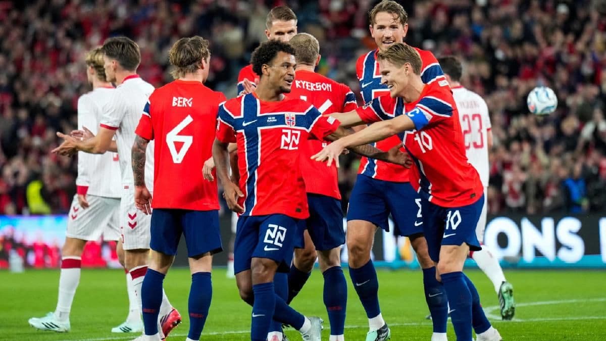 Norveçli futbolcular Danimarka maçında gol sevinci yaşıyor.